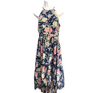 Anthropologie Eliza J Women's Navy Blue Pink Floral Halter Hi-Low Midi Dress